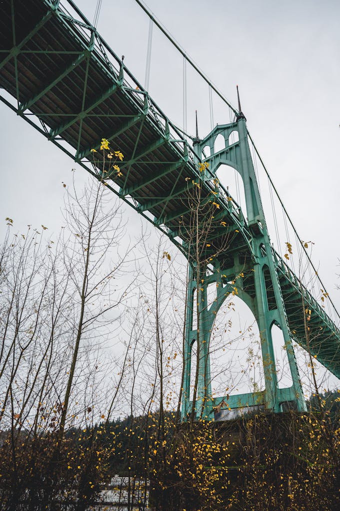Iconic St. Johns Bridge spanning over trees in Portland, Oregon.